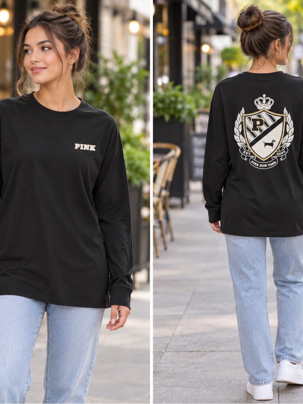 Victoria’s Secret PINK Black Long Sleeve Crest Graphic Tee – XS – NWT